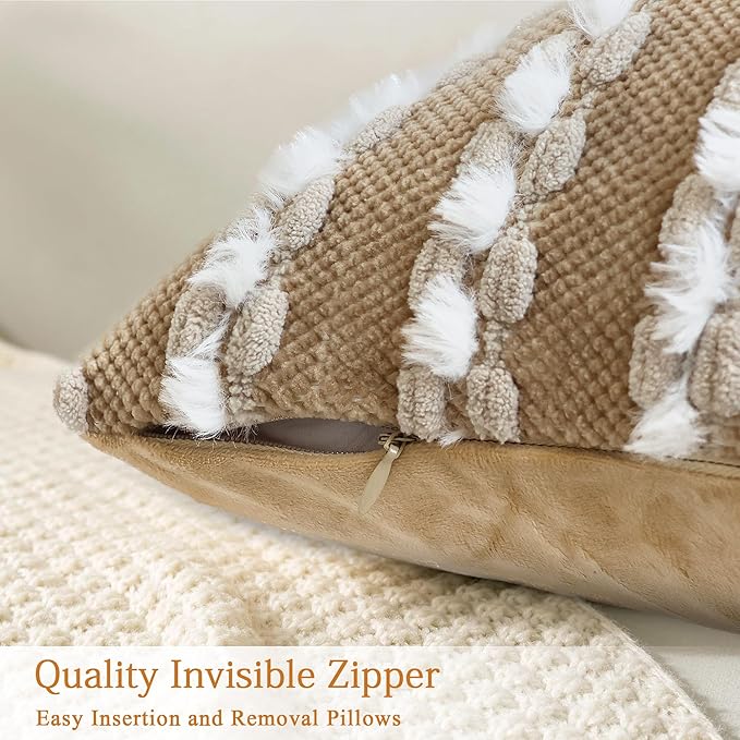 18x18 Boho Pillow Cover - Chenille Tufted Decorative Throw Pillow Cover Velvet Backing, Farmhouse Striped Square Accent Pillow Case for Sofa, Couch, Bedroom, Living Room, Dark Khaki, White
