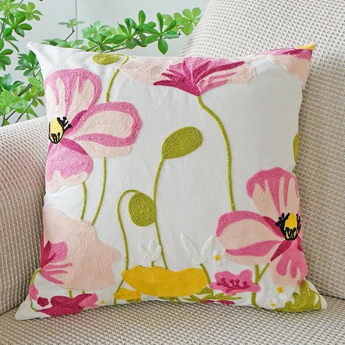 vctops Lotus Flower Embroidered Decorative Throw Pillow Cover Spring Summer Floral Square Pillow Cases Cotton Cushion Cover for Couch Sofa Bed (Flower A,18"x18")