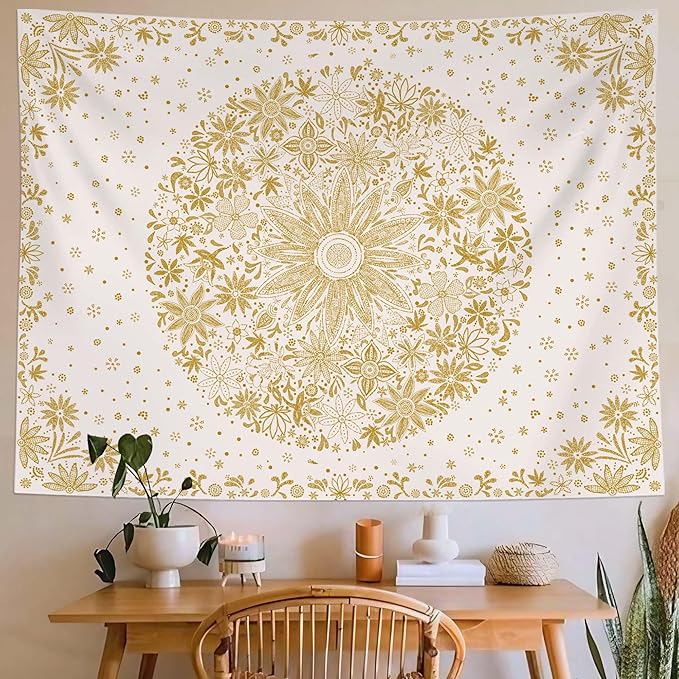 Neasow Bohemian Tapestry Wall Hanging, Yellow Floral Tapestry with Dotted Daisy Medallion Print Bedroom Boho Hippie Home Decor, 36x48 inches
