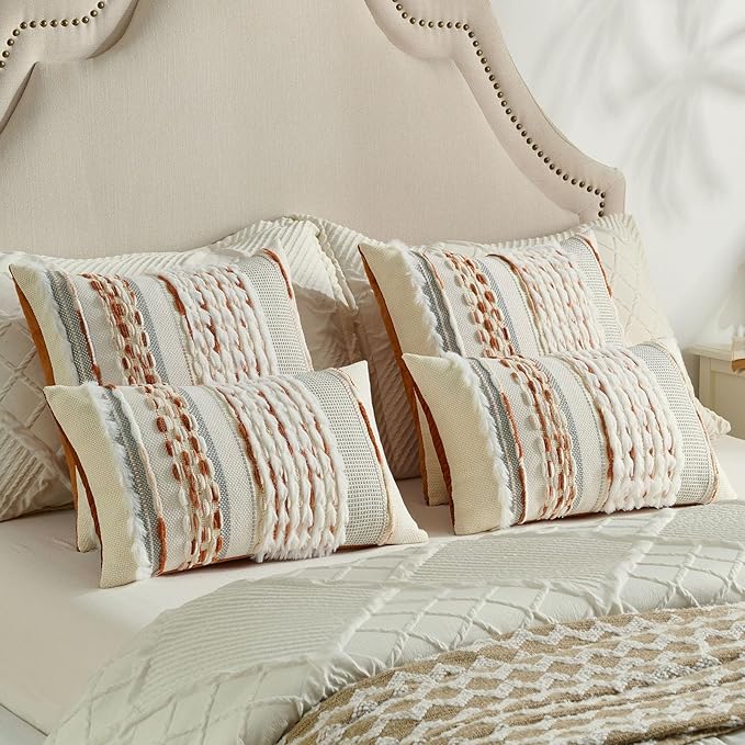 FUTEI Rust Beige Accent Throw Pillow Covers Set of 2, 12x20 Inch Plush Tufted Striped Textured Decorative Pillow Cases for Farmhouse Boho Couch Decor