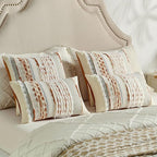 FUTEI Rust Beige Accent Throw Pillow Covers Set of 2, 18x18 Inch Plush Tufted Striped Textured Decorative Cushion Cases for Farmhouse Boho Couch Decor
