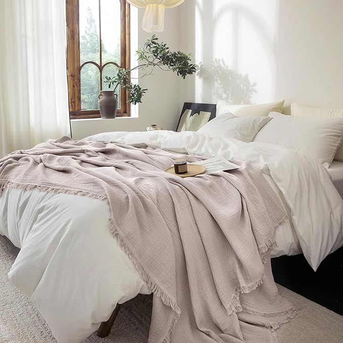 FOSSA Muslin Blanket with Fringe - 4-Layer 100% Cotton Gauze Super Soft & Breathable Throw -Lightweight Decorative Cooling Blanket for Bed, Sofa, Office (Greyish Pink, Twin XL (66" × 90"))