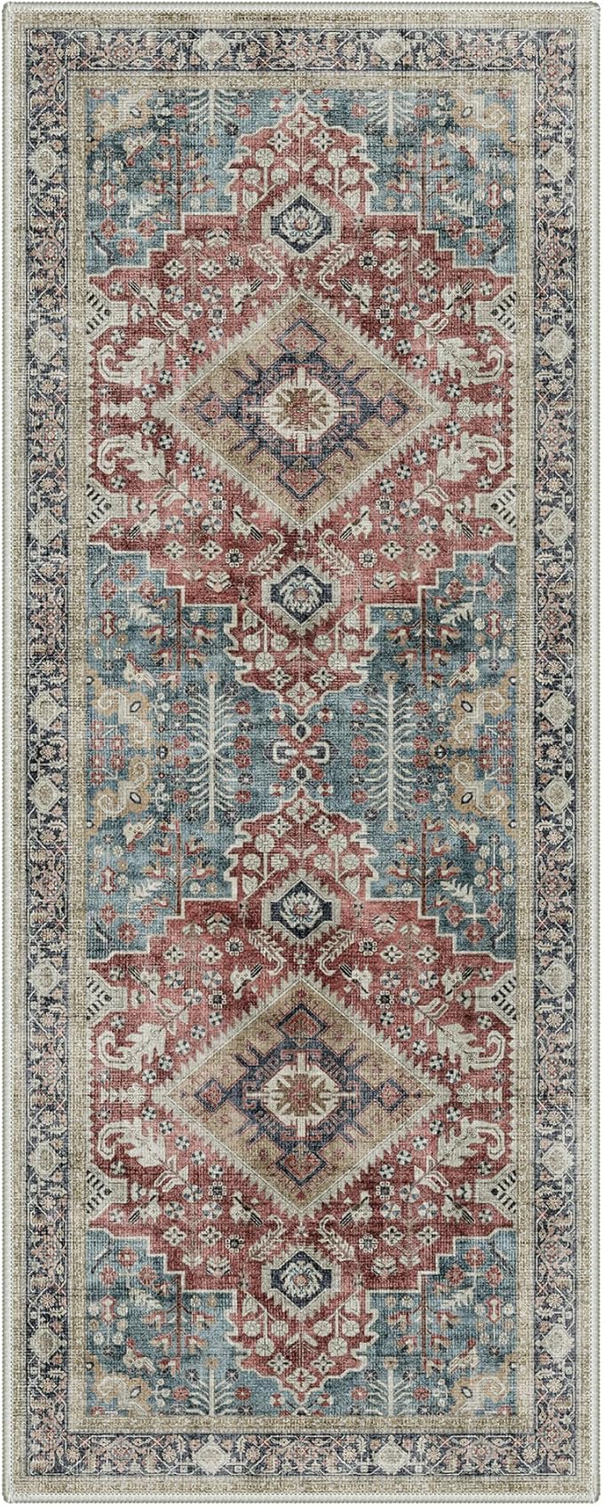 GENIMO 2X5 Washable Vintage Runner Rug for Hallway, Non-Slip Low Pile Chenille Print Rug, Soft Rugs for Indoor Entryway Kitchen Corridor, Indigo & Flush