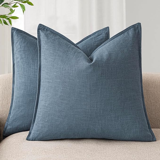 Foindtower Set of 2, Decorative Linen Soild Throw Pillow Covers Soft Accent Cushion Euro Case Boho Farmhouse Pillowcase for Chair Couch Sofa Bedroom Living Room Home Decor 20 x 20 Inch Misty Blue