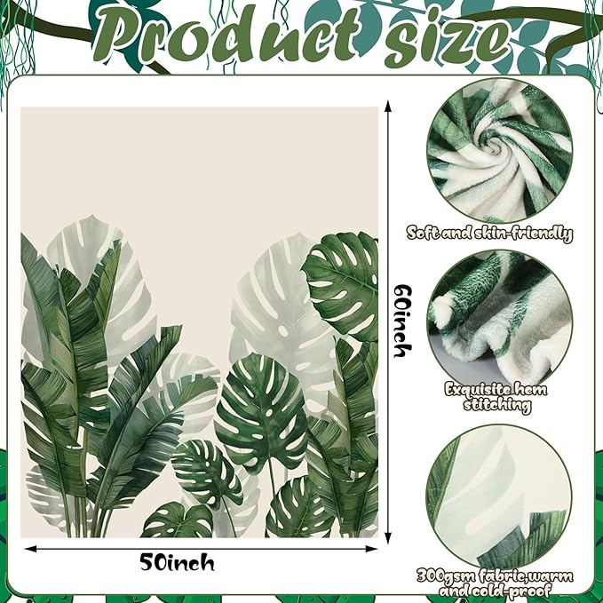 Tropical Green Leaf Throw Blanket Monstera Palm Tree Fleece Blanket for Couch and Bed Holiday Theme Cozy Soft Throw Decoration Warm Gift for Summer, 50 x 60 Inches