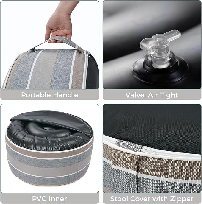 Outdoor/Indoor Inflatable Ottoman Pouf D20 xH9, All Weather Round Footstool with Foot Pump, Water Repellent Portable Footrest with Handle for Patio Garden Camping Travel-Grey Stripe