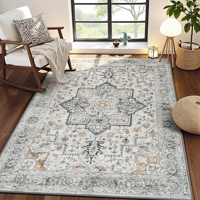 Lessymo 3x5 Washable Area Rugs for Living Room Bedroom Ktichen, Soft Boho Indoor Rug Non Slip, Vintage Carpet Low Pile for Dorm Office Dining Room Kids Room Hallway Entryway Bedside, Grey/Brown