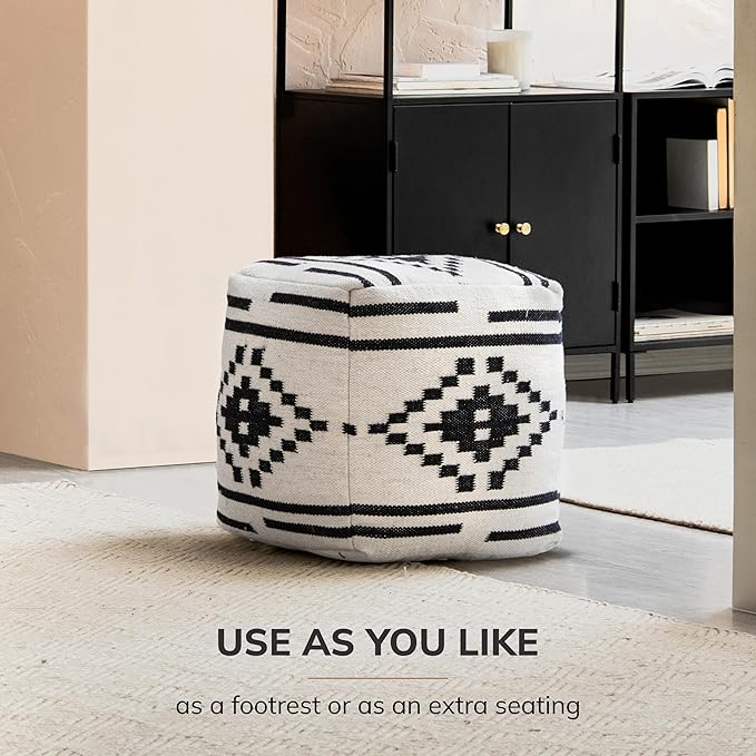 Anji Mountain Pouf Ottoman Foot Rest, Handmade Ottoman Pouf, Comfortable Foot Stool, Decorative Floor Seating for Living Room Decor, Bedroom & Home Décor Accent - Carbon Ikat