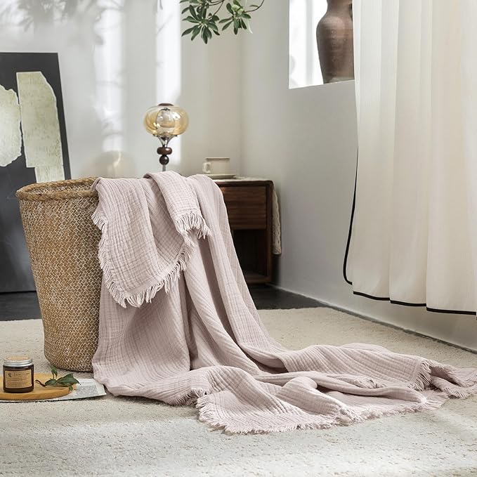FOSSA Muslin Blanket with Fringe - 4-Layer 100% Cotton Gauze Super Soft & Breathable Throw -Lightweight Decorative Cooling Blanket for Bed, Sofa, Office (Greyish Pink, Throw XL (50" × 70"))