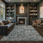5x7 Area Rugs for Living Room Bedroom, Blue Washable Rug, Vintage Retro Boho Rug, Non Slip & Low Pile Faux Wool Thin Carpet for Indoor Dining Room and Kids Room(Blue 5x7ft)