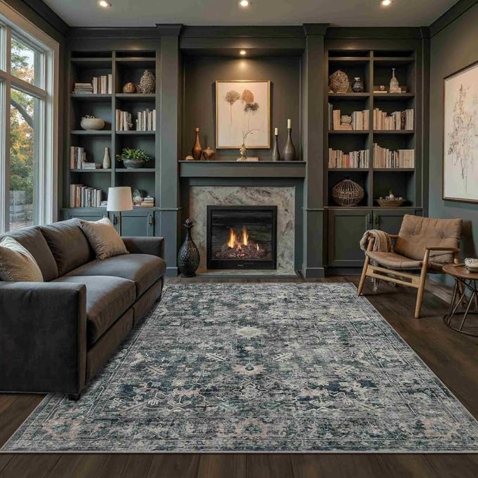 5x7 Area Rugs for Living Room Bedroom, Blue Washable Rug, Vintage Retro Boho Rug, Non Slip & Low Pile Faux Wool Thin Carpet for Indoor Dining Room and Kids Room(Blue 5x7ft)