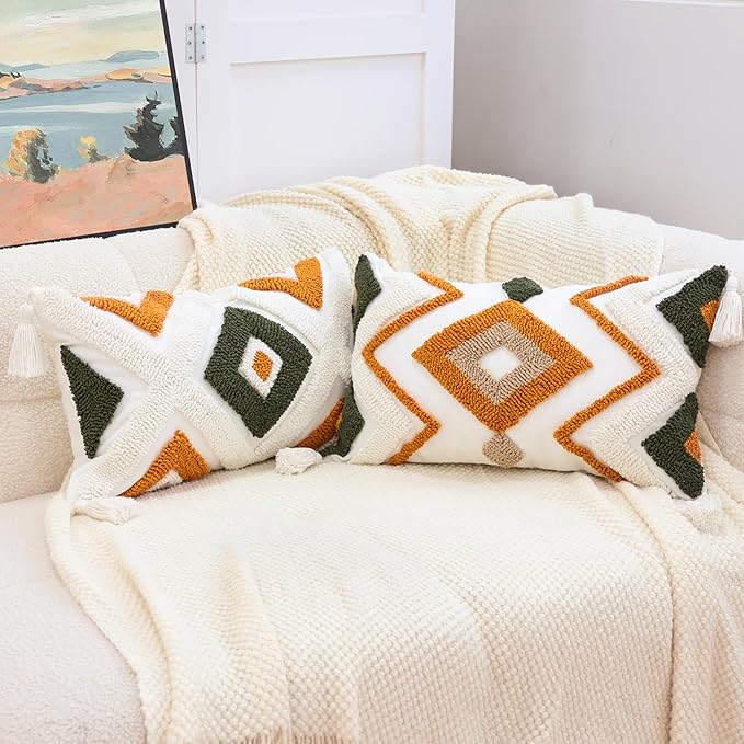 Boho Throw Pillow Covers 12x20 Inch Green Brown Tufted Lumbar Pillow Case with Tassels, Bohemian Farmhouse Decorative Cushion Cover for Couch Bed Sofa Chair Bedroom Living Room Home Decor,X