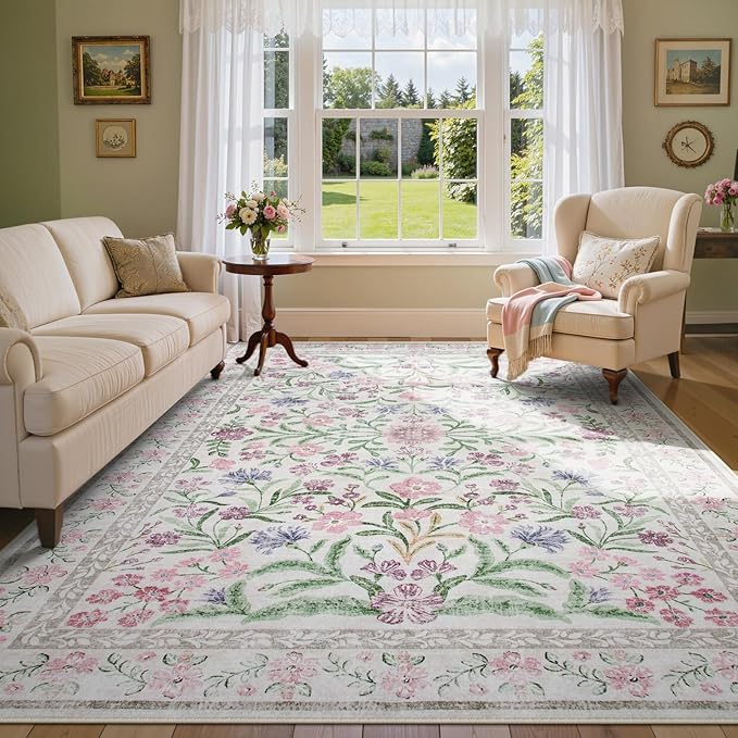 Lahome Sylvie Purple Floral 9x12 Area Rug, Machine Washable Low Pile Nursery Girls Rug, Non-Slip Thin Carpet for Playroom Kids, Soft Boho Mat for Women Bedroom Decor