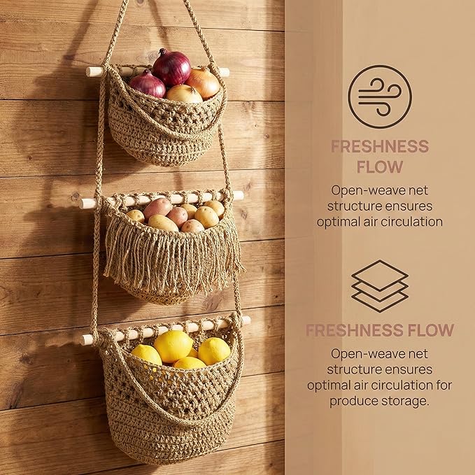 Cabilock 3 Tier Hanging Fruit Basket for Kitchen - Boho Macrame Woven Wall Storage for Onion and Potato, Space-Saving Cotton Rope Produce Organizer for Pantry & Bathroom