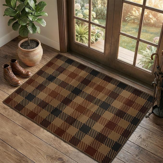 JTJ 2x3 Vintage Door Mats Indoor Entrance - Easy Jute Fall Rugs, Balcony, Kitchen, Mudroom, Washable Earthy Brown and Red Checkered Elegence Décor