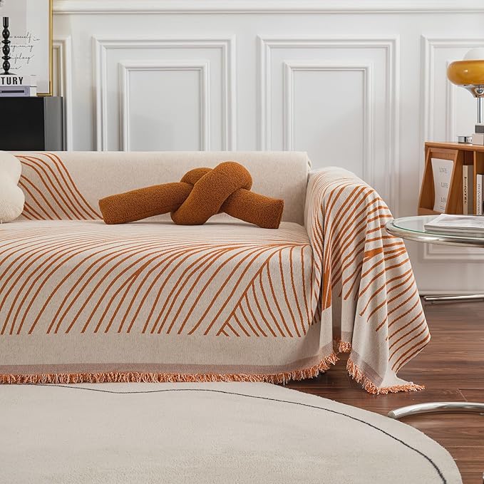 VClife Couch Cover Soft Chenille Sofa Cover Modern Minimalist Creamy Beige Couch Cover with Abstract Terracotta Line - Washable Non Slip Sofa Slipcover Reverse 2-Seaters Sofa Protector