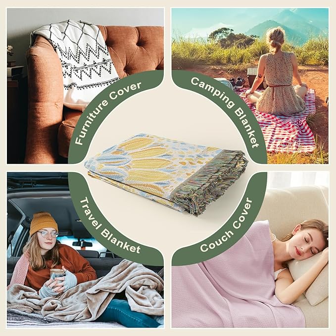 Snycler Flowers and Plants Throw Blanket for Bed 50 * 60inch Woven Blanket Cotton Polyester Farmhouse Decor for Indoor Outdoor Sofa Bedroom Garden，All Season （Sunflower）