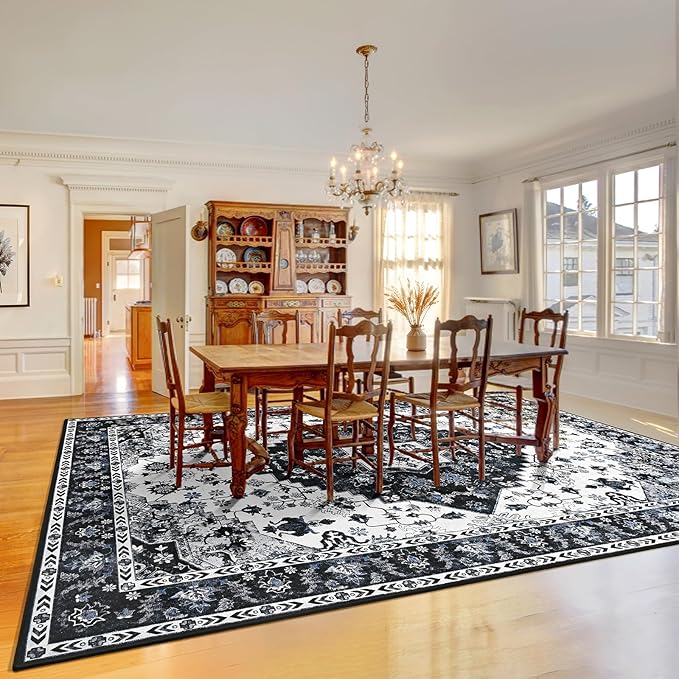 Amearea Vintage Design Area Rugs for Living Room, 8x10 Machine Washable Floral Collection Traditional Bedroom Rug, Low Pile Cute Kids Room Print Carpet, No Slip Office Kitchen Home Decor, Black