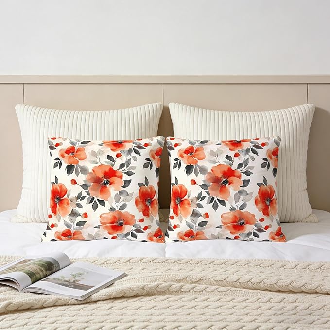 Burnt Orange Watercolor Floral Throw Pillow Covers 18x18 Set of 2, Spring Black Beige Flowers Decorative Pillowcases, Double-Sided Print Cushion Covers for Couch Sofa Bedroom Living Room Spring Decor