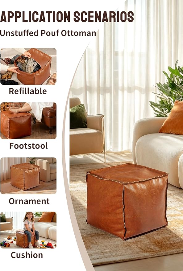 Unstuffed Pouf Ottoman Cover – 17.5in Square Handmade Moroccan Faux PU Leather Ottoman Cover – Tear-Resistant Waterproof Pouf Cover Only, No Filler, for Living Room, Bedroom, Dorm, Office – Brown