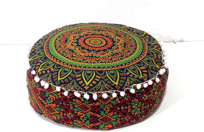 INDIAN CRAFT CASTLE ICC Floor Pillows & Cushion Covers Decorative Hippie Mandala Pouf Pillow Covers Seating Meditation Cushion Cover Large Boho Ottoman Case Pillowcase Couch New Blue, 16" Round