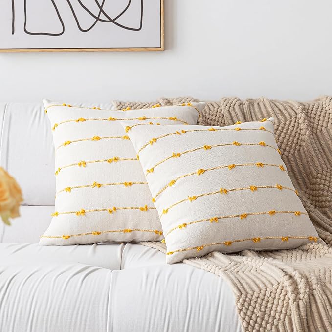 Boho Throw Pillow Covers 20x20 Set of 2 Modern Farmhouse Decorative Cushion Case Tufted Linen Square Pillows Cover Neutral Pillow Cases Accent Pillowcase for Sofa,Couch,Bed,Beige and Yellow