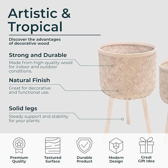 Set of 3 Decorative Planter Pots with Wooden Legs – Bamboo & Pine – Indoor & Outdoor Modern Plant Pot – Decorative Pots for Plants & Home Decor Planters – 22", 26", 30", White