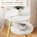 BEWISHOME Round End Table Marble Side Table with Metal Frame, Small Nightstand with 3-Tier Shelves, Night Stand for Living Room Bedroom Tall Gold White Stand KTZ41J