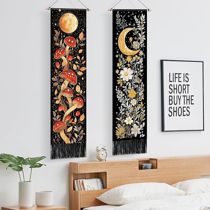 AOHMPT Pack of 2 Long Vertical Tapestry,Nature Landscape Tapestry with Serene Mountain River, Moon & Sun Motifs,Traditional Ink Painting Wall Art,Zen Aesthetic Wall Hanging for Living Room Bedroom Decor 13" W x 51" H"