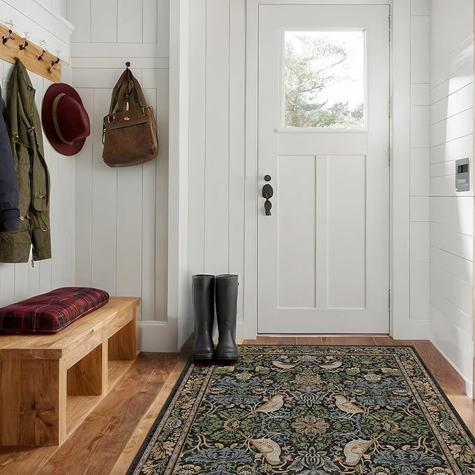 Washable 4x6 Area Rug for Living Room - Soft Moody Rug for Kitchen, Office, Large Entryway, Rustic Botanical Decor, Non-Slip Low Pile Dark Green and Brown Ultra Soft Bird Carpet