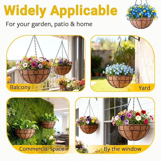 ZeeDix 16 Inch Large Hanging Baskets for Plants Outdoor, 2 Pack Round Metal Wire Planter Basket with Coco Coir Liner, Hanging Flower Pots for Outdoor Garden Yard Patio Porch Balcony Decor