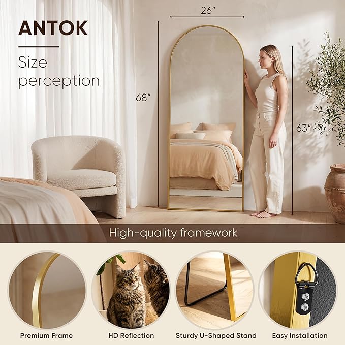 Antok 68" x26” Arched Full Length Floor Mirror, Gold Aluminum Frame, Free Standing/Wall Mount/Leaning for Bedroom, Living Room, Dressing Room