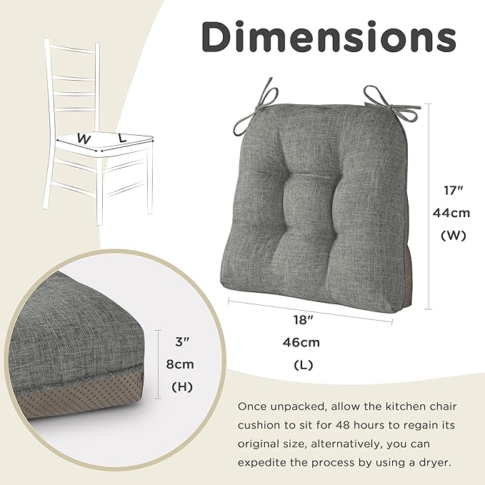 AddGrace Chair Cushions for Dining Chairs Set of 2 Kitchen Seat Cushions with Ties and Non Slip Backing Tufted Indoor Seat Pad for Kitchen Dining Room 18" x 17" x 3" Light Grey