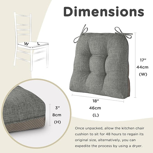 AddGrace Chair Cushions for Dining Chairs Set of 4 Kitchen Seat Cushions with Ties and Non Slip Backing Tufted Indoor Seat Pad for Kitchen Dining Room 18" x 17" x 3" Light Grey