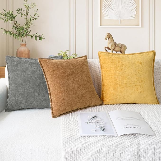 CaliTime Throw Pillow Covers Decorative 22 X 22 Inches Pack of 2 Cotton Thread Stitching Edges Solid Dyed Soft Chenille Cushion Cases for Couch Sofa Bed Living Room Farmhouse Medium Grey