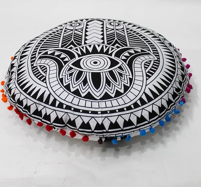 CRAFT KALA 32" Large Round Bohemian Floor Pillow Pouf Cover Mandala Meditation Room Pillow Cover for Adults Boho Seating Poufs Cushion Cover for Kids Playroom Black Hamsa Hand