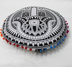 CRAFT KALA 32" Large Round Bohemian Floor Pillow Pouf Cover Mandala Meditation Room Pillow Cover for Adults Boho Seating Poufs Cushion Cover for Kids Playroom Black Hamsa Hand