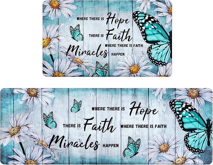 Likiyol Butterfly Floral Kitchen Rugs 2 Piece Farmhouse Kitchen Mats Cushioned Anti Fatigue, Non Slip Washable Kitchen Mats for Floor White Daisy Kitchen Floor Comfort Mats, 18'' x 30'' + 18'' x 48''