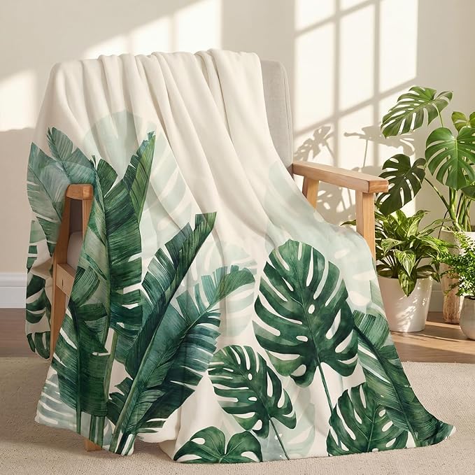 Tropical Green Leaf Throw Blanket Monstera Palm Tree Fleece Blanket for Couch and Bed Holiday Theme Cozy Soft Throw Decoration Warm Gift for Summer, 50 x 60 Inches