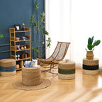 Wimarsbon 18'' Ottoman Pouf, Natural Braided Poof, Rustic Handweave Lounge Pouffe, Boho Footrest Stool for Bedroom, Accent Table for Living Room (18inch Natural Cattail + Blue Corn Husk)
