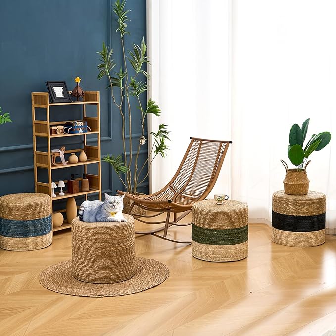 Wimarsbon 18'' Ottoman Pouf, Natural Braided Poof, Rustic Handweave Lounge Pouffe, Boho Footrest Stool for Bedroom, Accent Table for Living Room (18inch Natural Cattail + Blue Corn Husk)