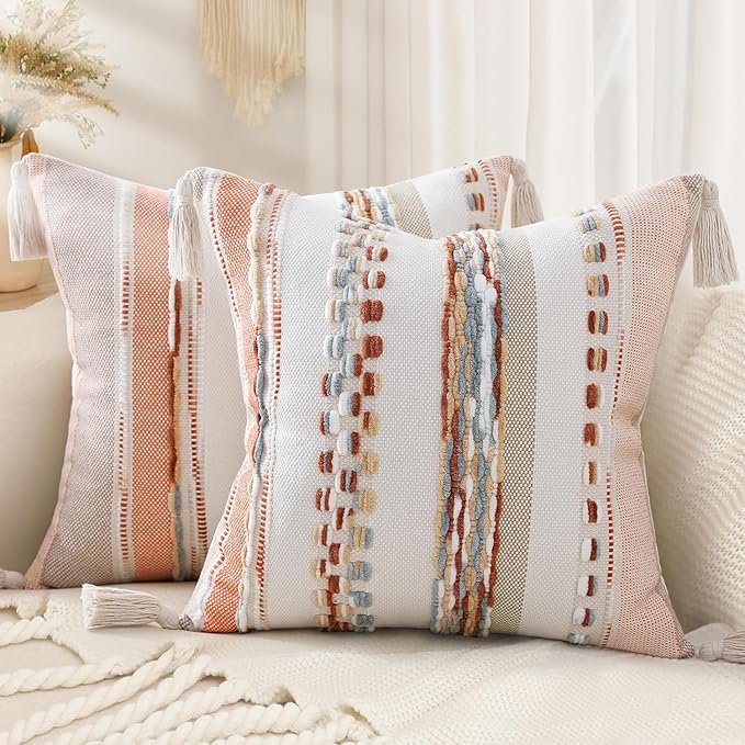 decorUhome Boho Decorative Throw Pillow Covers 18x18 Set of 2, Striped Chenille Tufted Pillow Covers with Tassels for Couch Bed Sofa, Cream White and Orange