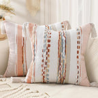 decorUhome Boho Decorative Throw Pillow Covers 18x18 Set of 2, Striped Chenille Tufted Pillow Covers with Tassels for Couch Bed Sofa, Cream White and Orange