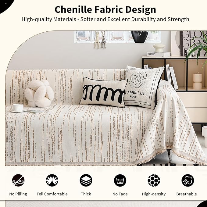 Chenille Couch Cover Pet Friendly, Sofa Cover Washable, Reversible Sofa Slipcover for Sectional Sofa, Loveseat, 2 or 3 Cushion Couch, Corner Sofa, Futon Cover (71" X 118", Khaki)