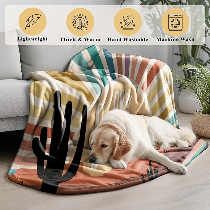 Boho Western Blanket, Boho Western Abstract Colorful Sunshine Cactus Landscape Throw Blankets Gifts for Bed Couch Bedroom Living Room Home Decor, 50x60 Inches