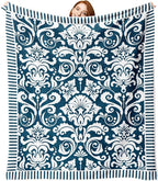 Vintage Victorian Damask Floral Flannel Throw Blanket, Blue White Flowers Birthday Gifts for Kids Men Women, Retro Elegant Soft Blankets for Bedding Sofa 50" x 60"