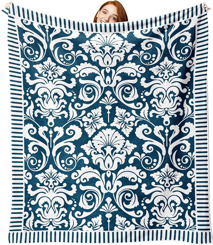 Vintage Victorian Damask Floral Flannel Throw Blanket, Blue White Flowers Birthday Gifts for Kids Men Women, Retro Elegant Soft Blankets for Bedding Sofa 50" x 60"