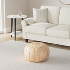 Stuffed Round Design Moroccan Leather Pouf Ottoman, Handmade, Pre-Filled, 100% Genuine Leather, 13” Height x 20” Diameter, Footstool & Living Room Décor (Tan)
