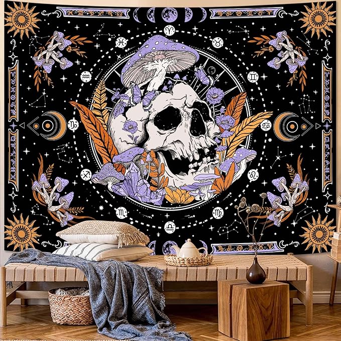 Aipon Purple Skeleton Tapestry Bedroom Skull Mushroom Tapestries Hippie Nature Plants Floral Flower Aesthetic Tapestry Wall Hanging for Living Room Dorm (Purple, 80'' × 60'')
