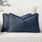 MIULEE Decorative Throw Pillow Covers Neutral Linen Fringe Throw Pillows Set of 2 Indigo Blue Boho Farmhouse Cushion Covers Coastal Decor for Couch Sofa Bed Living Room Spring Decor 12x20 Inch
